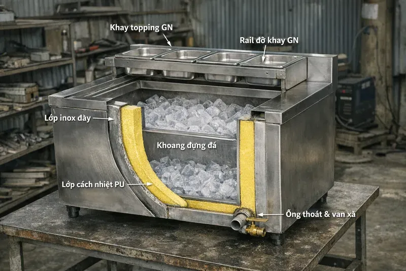 Cấu tạo thùng đá inox khay topping: nhìn đúng để mua đúng