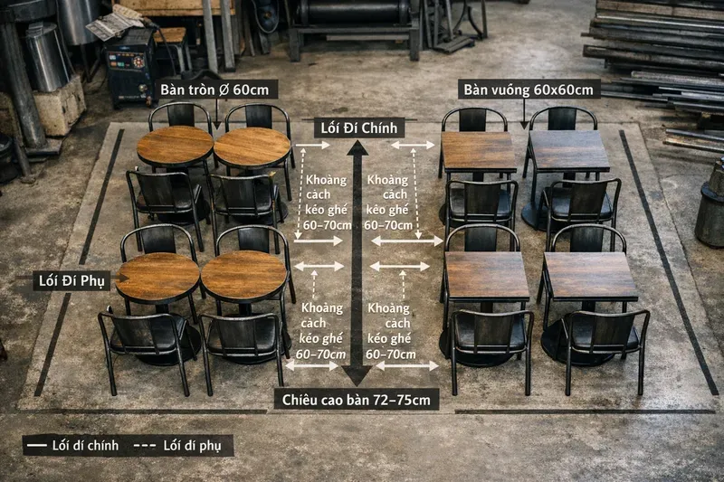 Kích thước bàn ghế cafe tiêu chuẩn & cách bố trí tối ưu cho quán nhỏ