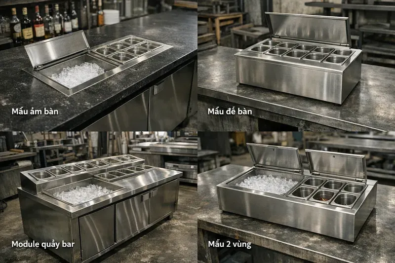 Các mẫu thùng đá inox có khay topping phổ biến cho quầy pha chế