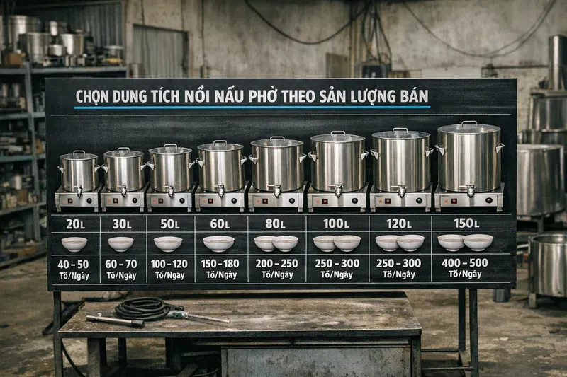 Chọn dung tích nồi nấu phở bao nhiêu lít theo sản lượng bán