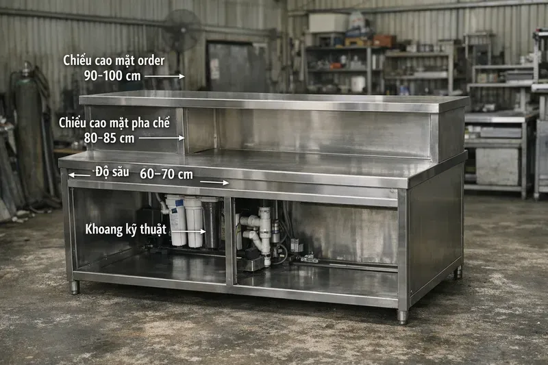 Kích thước quầy pha chế trà sữa tiêu chuẩn & khoảng trống vận hành