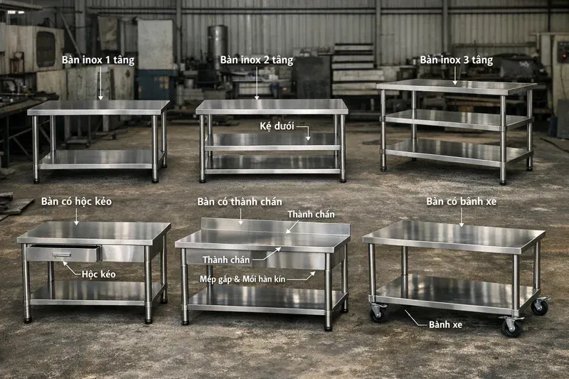 Phân loại bàn inox theo công năng & cấu tạo (chọn đúng nhu cầu)