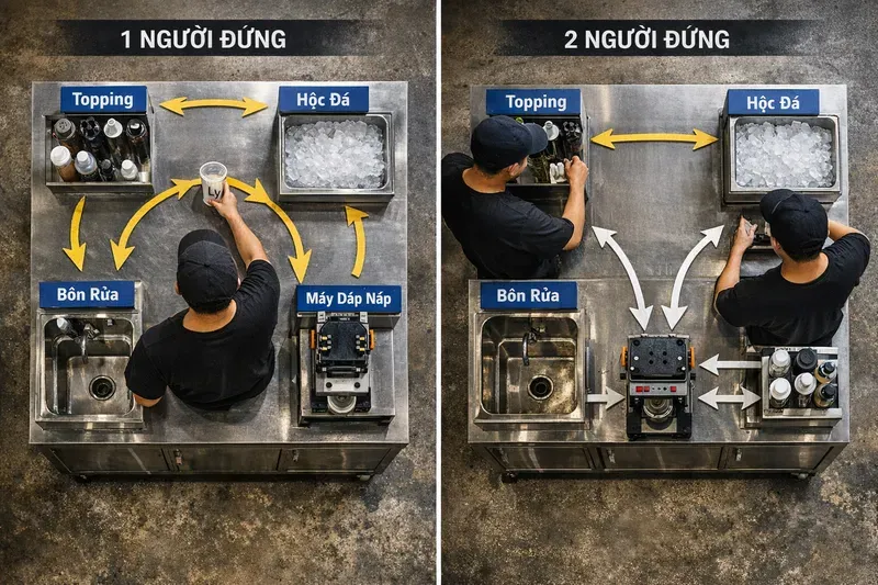 Bố trí layout quầy pha chế 1 người đứng và 2 người đứng (tối ưu workflow)