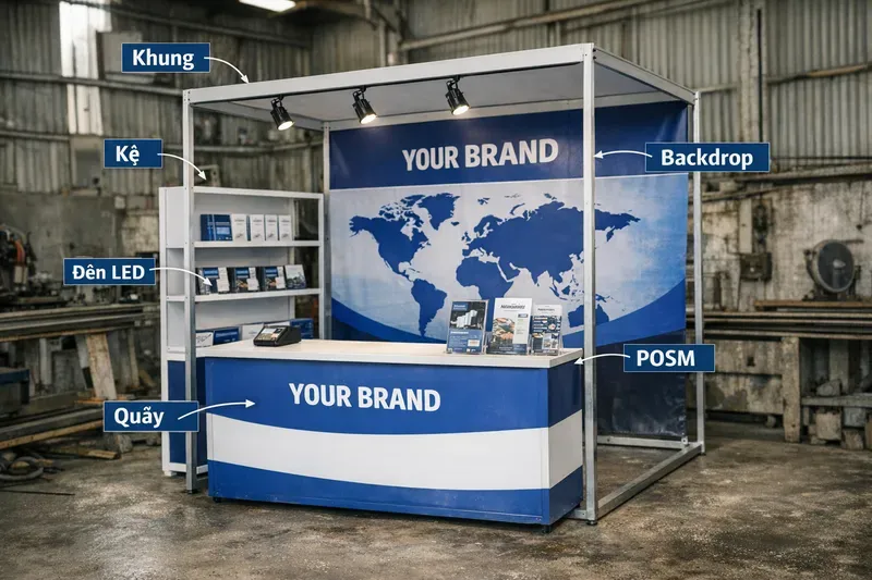 Một booth bán hàng cần những hạng mục nào? (khung, quầy, kệ, backdrop, đèn, POSM)