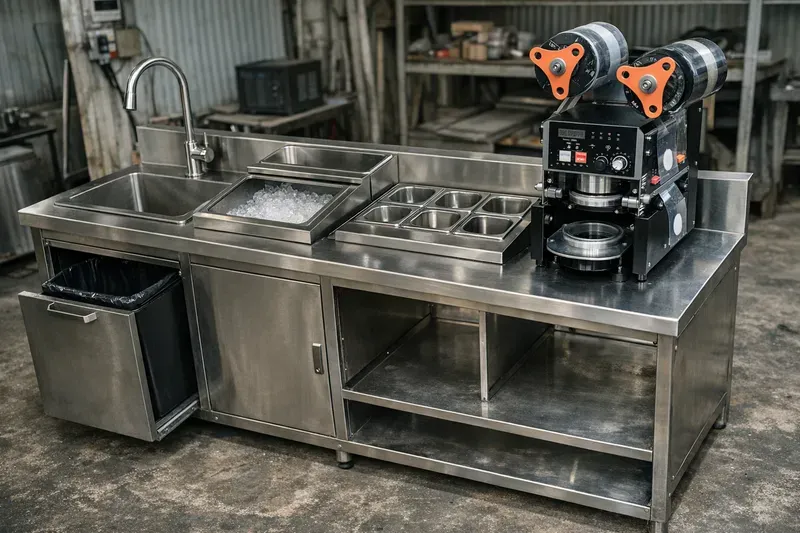 Hạng mục cần có trên quầy: bồn rửa, hộc đá, khay topping, kệ máy & phụ kiện