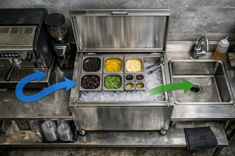 Khay topping GN & layout thao tác: chọn GN 1/6, 1/9 và bố trí để nhanh – sạch