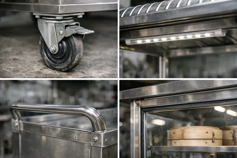 Phụ kiện xe há cảo: tủ kính (cong/vuông), bánh xe chịu lực, mái che, đèn và chi tiết đáng tiền
