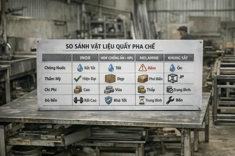 Vật liệu quầy pha chế: inox hay gỗ công nghiệp? MDF chống ẩm, HPL, melamine & khung sắt