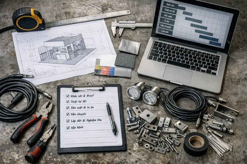 Quy trình thiết kế–thi công–setup booth bán hàng: timeline, file in ấn, vận chuyển và vận hành bán hàng