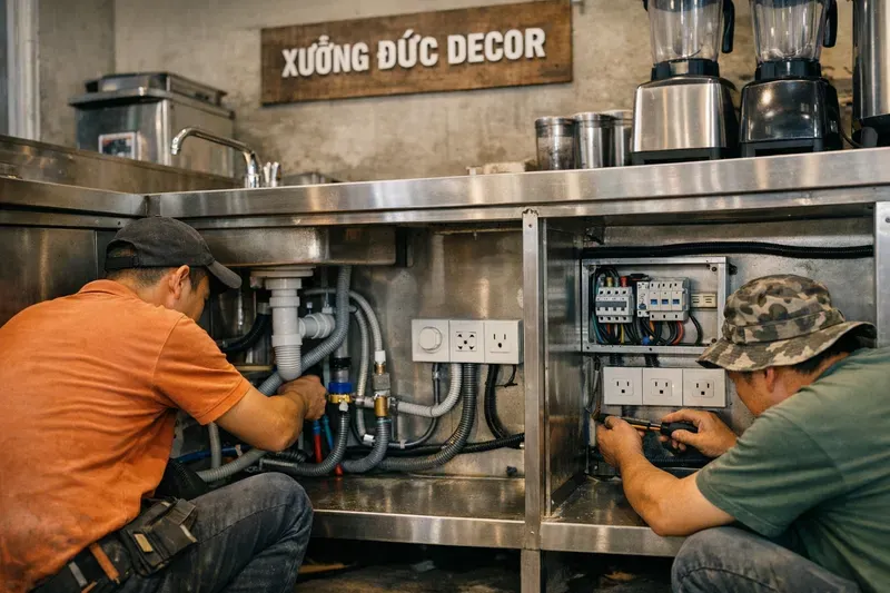 Thi công, điện nước an toàn, chống ẩm & báo giá quầy pha chế trà sữa (kèm quy trình Xưởng Đức Decor)
